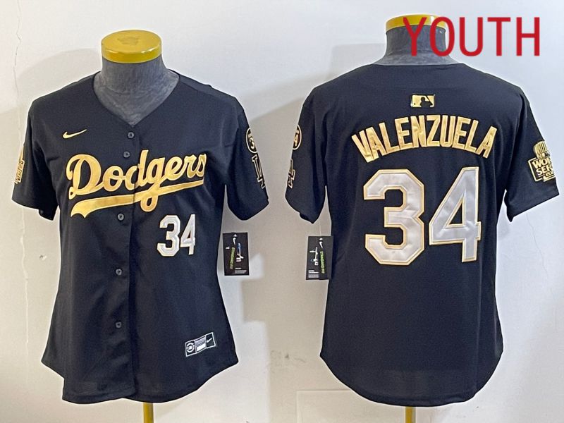 Youth Los Angeles Dodgers 34 Valenzuela 2024 World series patch black jersey 202411201